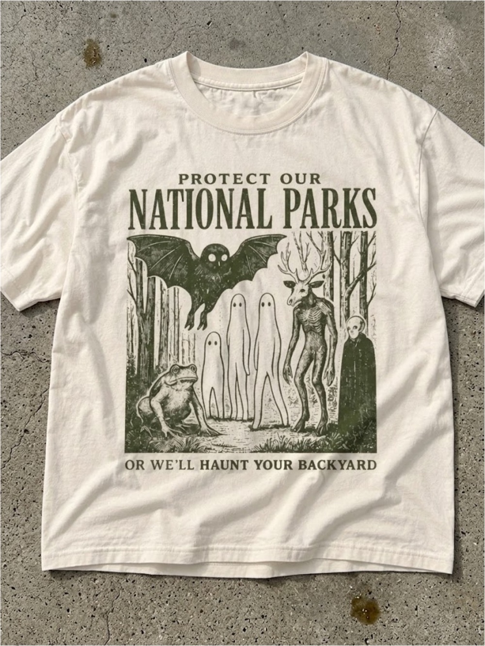 Gildan White Tee with Olive Green 'Protect Our National Parks' Graphic